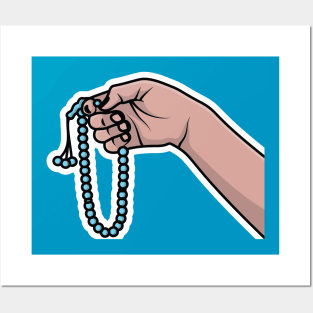 Hand Holding Chaplet of Beads Sticker vector illustration. Islamic holiday icon concept. Human hand of young man holding chaplet sticker vector design. Posters and Art